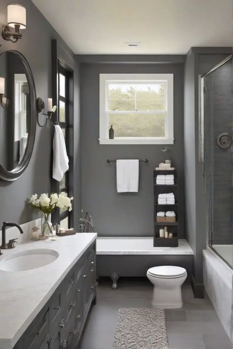 Dark Grey Wall Bathroom, Small Full Bathroom Paint Colors, Dark Gray Bathroom Walls, Bathroom Colors For Small Bathrooms, Charcoal Gray Bathroom, Dark Grey Bathroom Ideas, Bm Kendall Charcoal, Bathroom Color Schemes Gray, Small Bathroom Color Ideas