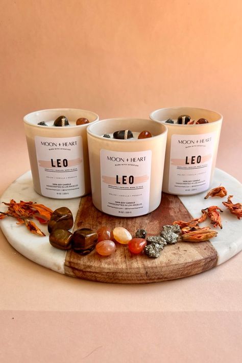 Leo Candle, Leo Zodiac Aesthetic, Astrology Clothes, Leo Clothes, Leo Crystals, Zodiac Outfits, Candle With Crystals, Intention Candle, Zodiac Candle