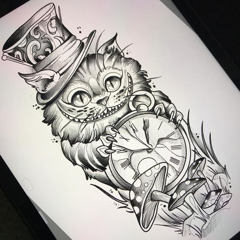 498 Likes, 10 Comments - Fede Almanzor Tattoo (@fedealmanzor) on Instagram: “We're All Mad Here ! Uno de los diseños que tatuaré en Alemania #traditional #neotraditional…” Cheshire Cat Tattoo, Alice And Wonderland Tattoos, Orca Tattoo, Alice In Wonderland Drawings, Hamsa Tattoo, Kunst Tattoos, Wonderland Tattoo, Cat Tattoos, Disney Tattoo