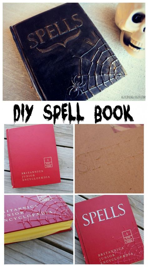 diy halloween spell book made with hot glue, paint and chipboard Diy Spell Book, Diy Halloween Spell Book, Diy Halloween Dekoration, Halloween Spell Book, Halloween Spells, Casa Halloween, Festa Harry Potter, Anniversaire Harry Potter, Diy Halloween Decor