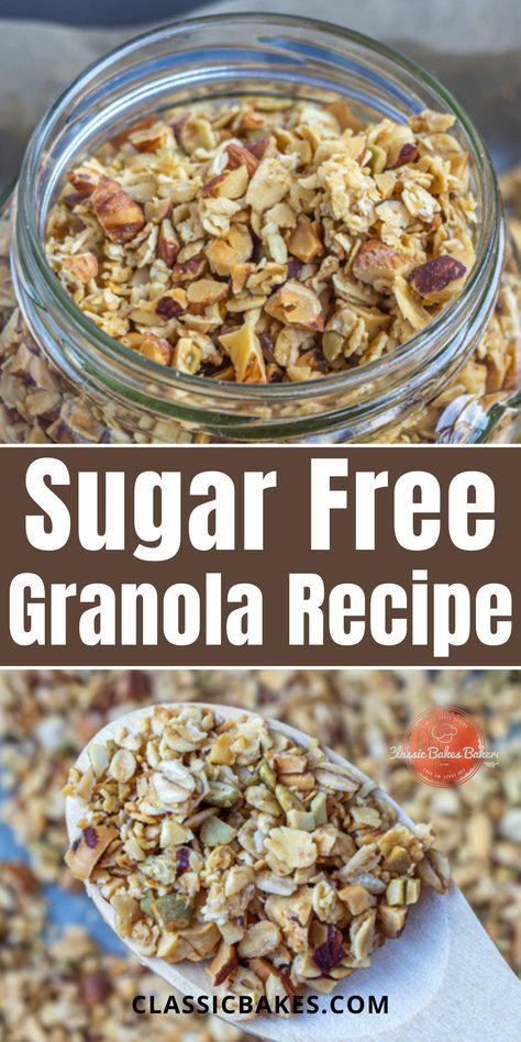 Homemade Sugar Free Granola, Granola Diy, Sugar Free Granola Recipe, Sugar Free Granola Bars, Sf Desserts, Crunchy Oats, Low Sugar Granola, Sugar Free Granola, Breakfast Protein