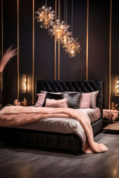 Luxurious modern bedroom in deep black and lustrous rose gold, featuring a queen-size bed with a tufted headboard, rose gold vanity, and crystal chandelier. Elegant Master Bedrooms Decor, Bedroom Decor Ideas Cozy, Black Modern Bedroom, Black Headboard Bedroom, Rose Gold Bed, Black Gold Bedroom, Rose Gold Room Decor, Cloth Bed, Rose Gold Bedroom