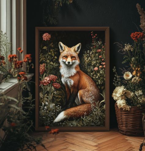 Elegant William Morris style print of a red fox sitting in an english garden, surrounded by flowers and plants. A homage to William Morris' distinct style mixed with the ethereal beauty of dark cottagecore art. THIS IS A PHYSICAL PRINT THAT WILL BE SHIPPED TO YOU. ------------------------------------------------------------------------ Printed on thick and long-lasting matte (uncoated) museum quality paper. - Paper weight: 200 gsm / 80 lb *THE FRAMES ARE NOT INCLUDED.* If you have any questions Fox With Flowers, William Morris Decor, Decor Art, William Morris Prints, Dark Cottagecore Art, William Morris Patterns, William Morris Art, Fox Decor, Dark Cottagecore