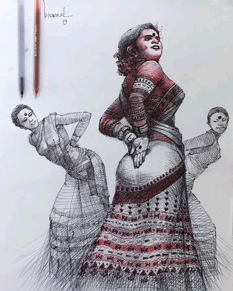 Bihu Dance Drawing, Bihu Dance, Black Pen Sketches, Figurative Art Painting, Dance Painting, Ethnic Saree, Buddhist Art Drawing, Ballpoint Pen Art, Composition Painting