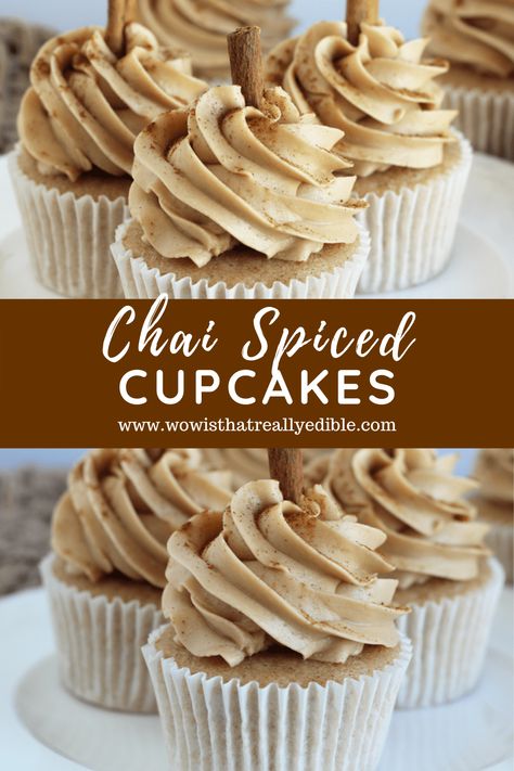 Vanilla Chai Cupcakes Recipes, Chai Spice Cupcake Recipes, Chai Buttercream Frosting, Chai Vanilla Cake, Chai Cupcakes Recipe, Cinnamon Spice Cupcakes, Spiced Vanilla Chai Cake, Brown Butter Chai Cupcakes, Chai Spice Cupcakes