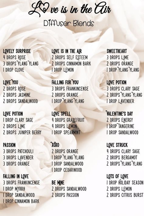 Besides smelling amazing and helping with romance, these Love is in the Air diffuser blends can have many benefits on the body such as calming, & relaxing. Perfume Diffuser Blends, Oil Mixtures For Diffuser, Aphrodisiac Diffuser Blends, Love Essential Oil Blend, Romantic Diffuser Blends, Essential Oil Perfumes Recipes, Essential Oil Combinations, Essential Oil Diffuser Blends Recipes, Air Diffuser