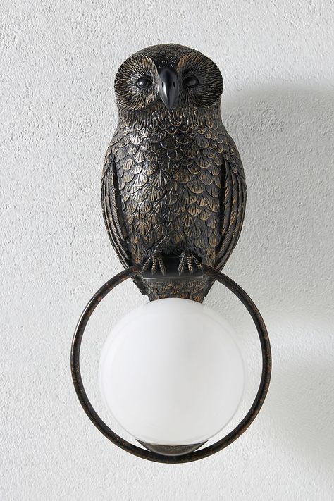 Woodland Owl Sconce | Anthropologie Montana Cabin, Woodland Owl, Witchy Home, Magical Home, Owl Wall, Unique Bathroom, Gold Highlights, Lighting Lamps, Electrical Outlets