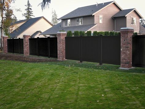 Black Vinyl Fence, Black Fences, Fence With Lattice Top, Brick Pillars, Privacy Fencing, Vinyl Fence Panels, Vinyl Privacy Fence, Privacy Fence Panels, Vinyl Railing