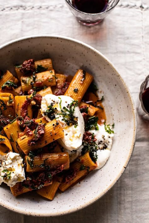 Pasta With Dried Tomatoes, Tomatoes And Burrata, Pantry Pasta, Half Baked Harvest Recipes, Vegetarian Pasta Recipes, Harvest Recipes, Vegetarian Pasta, Italian Dinner, Drying Pasta