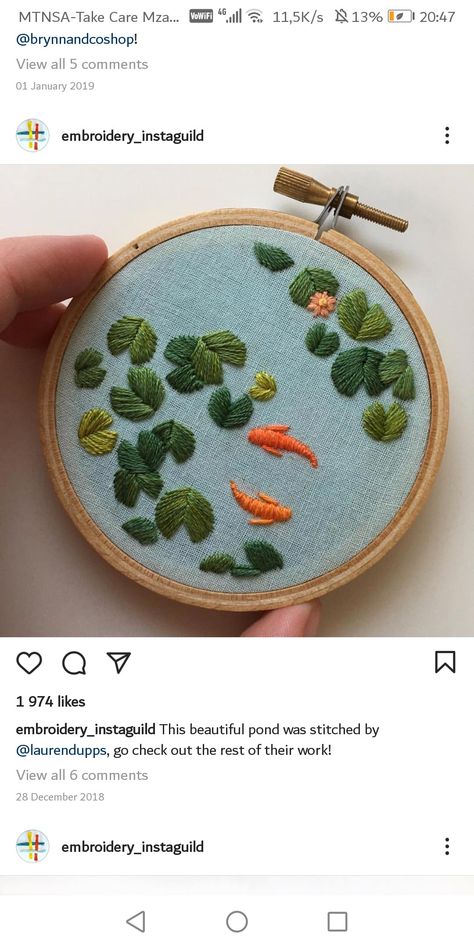 Koi Fish Pond Embroidery, Lily Pond Embroidery, Water Lilly Embroidery, Water Lilies Embroidery, Embroidery Water Lily, Embroidered Fish Patterns, Embroidery Coy Fish, Water Embroidery Ideas, Lily Pad Embroidery