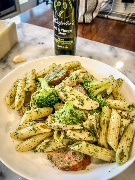 Pesto Penne Pasta with Italian Sausage, Chicken and Broccoli Chicken Sausage Pesto Pasta, Pesto Penne Pasta, Pasta With Italian Sausage, Sausage Penne, Pesto Sauce For Pasta, Everyday Dinners, Quick Pasta Dishes, Easy Pasta Sauce, Chicken And Sausage