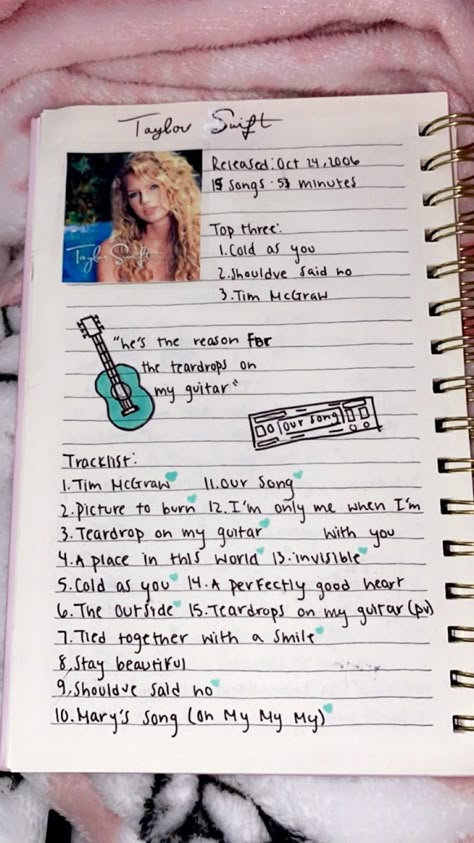 Taylor Swift Album Journal Ideas, Taylor Swift Album Journal, Taylor Swift Album Journal Page, Swiftie Things To Do When Bored, Music Diary Ideas, Song Book Aesthetic, Song Book Ideas, Album Pages Ideas, Taylor Swift Album Songs