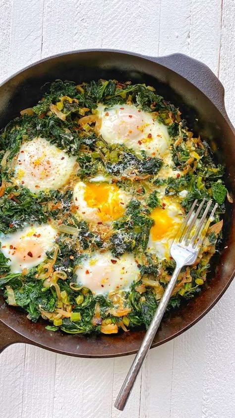 Creamy Kale Baked Eggs Recipe | The Feedfeed Dinner Prep Ideas, Summer Dinner Meals, Breakfast Skillets, Basic Breakfast, Eggs And Kale, Breakfast For 2, Creamy Kale, Spanish Tapas Recipes, Best Egg Recipes