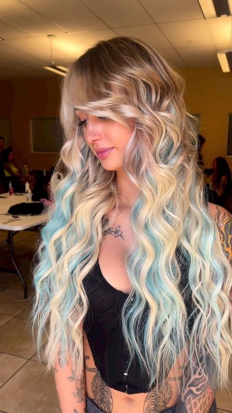 Lagoona Blue Hair Dye, Ash Blonde And Blue Hair, Cute Ways To Dye Your Hair Blonde, Blue Hair Dye Ideas For Blondes, Vivid Hair Color Underneath, Blonde Hair With Blue Highlights Teal, Blue Hair Wedding, Colorful Blonde Hair, Blonde Hair With Turquoise Highlights