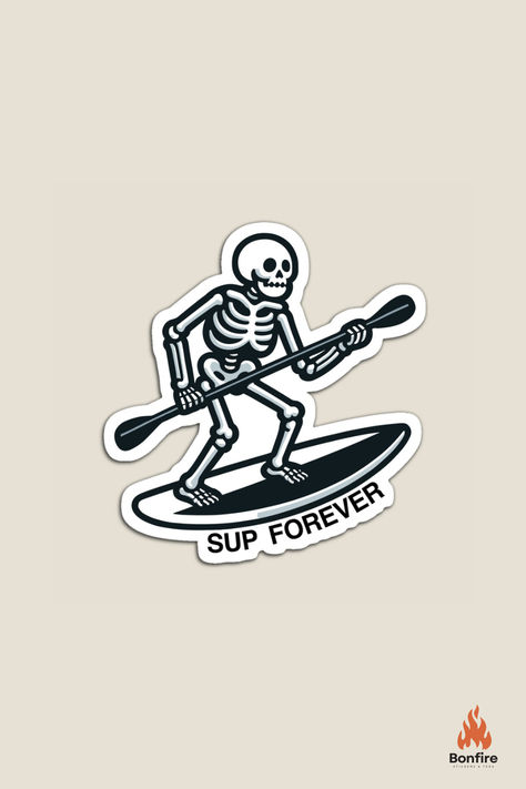 Skeleton SUP Forever Sticker Paddle Boarding, Car Decals, Linocut, Skeleton