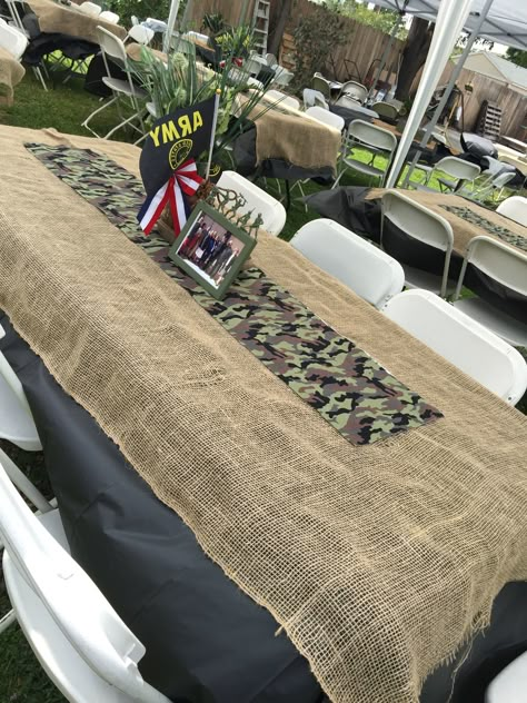 Camo Burlap Ideas, Rambo Themed Party, Going To The Army Party, Army Fatigue Party Theme, Camouflage Centerpiece Ideas, Army Theme Birthday Party Decorations, Welcome Home From Army Party, Army Table Centerpiece, Army Enlistment Party