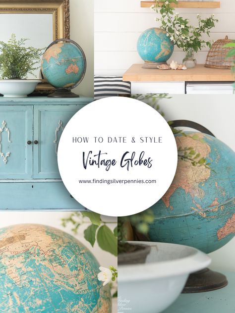 Vintage Globes - How to Decorate with them and How to Date them | Finding Silver Pennies #vintage #globes #homedecor #findingsilverpennies Decorating With Globes, Old Globe Ideas Diy Projects, Globe Upcycle Diy Projects, Vintage Globe Decor, Globes Decor, Globe Diy Projects, Globe Upcycle, Globe Display, Table Tray Decor