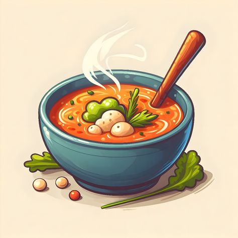 Soup Drawing Easy, Soup Drawing Cute, Bowl Of Soup Drawing, Soup Illustration Drawing, Miso Soup Drawing, Soup Drawing, Soup Painting, Soup Cartoon, Soup Drawing Food Illustrations