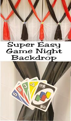 Create a fun accent wall or photo backdrop with this easy backdrop for your Game Night party. Using a few tablecloths and an old pack of Uno cards, you'll have an easy wall that will spark conversation and hide any ugly eyesores at your venue. Card Game Party Decorations, Game Night Dress Up Ideas, Card Game Decorations, Game Night Backdrop, Game Night Photo Booth, Diy Game Night Decorations, Game Night Centerpiece Ideas, Game Night Party Decorations, Board Game Decorations