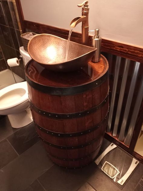 Whiskey Barrel Vanity Whiskey Barrel Vanity, Whiskey Barrel Bathroom Vanity, Whiskey Barrel Sink Bathroom, Whisky Barrel Ideas, Hobbit Bathroom, Barrel Sink Bathroom, Speakeasy Bathroom, Whiskey Barrel Ideas, Wine Barrel Sink