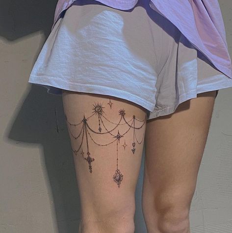 Celestial Leg Tattoo, Thigh Tattoos Women Aesthetic, Thigh Tattoo Aesthetic, Angel Tattoo Leg, Wrap Around Thigh Tattoo Women, Wrap Around Tattoo Thigh, Thigh Tattoos Women Wrap Around, Pretty Leg Tattoos, Thigh Wrap Tattoo