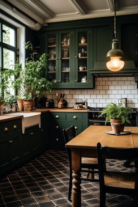 Refresh Your Kitchen With Green Cabinets — Suite Minded Colored Kitchen Countertop, Historic Tudor Home Interior, Practical Magic Inspired Kitchen, Small Green Kitchen Ideas, 1890 Kitchen, Black And Green Kitchen, Green Black Kitchen, Moody Kitchen, Dark Green Kitchen