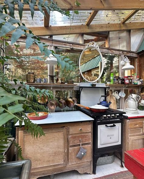 Beloved Cabin Homestead on Instagram: "The greenhouse kitchen extension… a commercial sink, garden beds, mini koi pond and plants for days! #kitchendesign #kitcheninspiration #kitchen #kitchengarden #kitcheninterior #greenhouse #diygreenhouse #greenhouseinteriors" Greenhouse With Kitchen, Homestead Kitchen Ideas, Inside Summer House Ideas, Greenhouse Sink, Earthship Kitchen, Mini Koi Pond, Kitchen Garden Ideas, Kitchen Greenhouse, Cabin Homestead