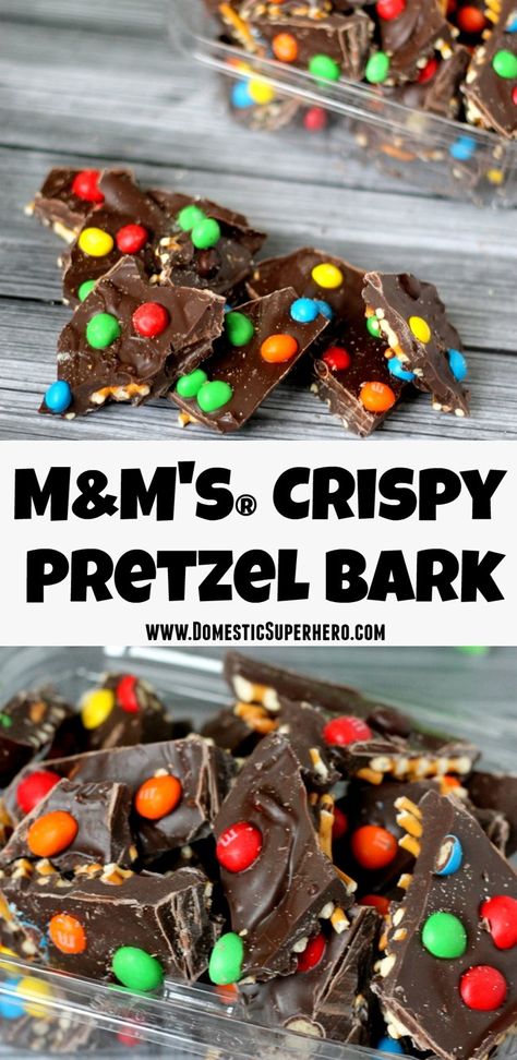 M&M's® Crispy Pretzel Bark - Delicious milk chocolate mixed with salty pretzels and M&M's® Crispy snacks - easy and delicious! Chocolate Covered Pretzel Bark, Candy Bark Recipes, Almond Bark Recipes, Salty Pretzels, Bark Candy, Christmas Bark Recipes, Crispy Snacks, Favorite Christmas Desserts, Pretzel Bark