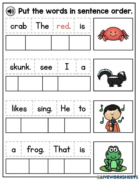 Simple Sentence Worksheet, Writing Sentences Worksheets Grade 1, Sentence Activities Kindergarten, Sentence Order Worksheets, Writing Simple Sentences Worksheets, Sentences Worksheet For Grade 1, Small Sentences For Kids, Build A Sentence Worksheet, Learning English Activities