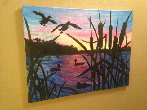 Early Morning hunt. Louisiana duck hunting acrylic painting. #canvasesbychloe Bird Silhouette Painting, Hunting Painting, Duck Art, Silhouette Painting, Painting Canvases, Bird Silhouette, Nature Art Painting, Duck Hunting, Night Painting