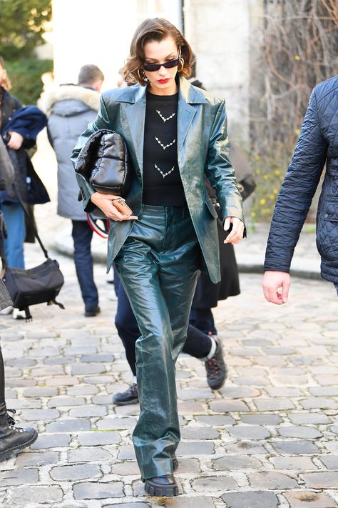 Bella Hadid's Street Style at Paris Fashion Week Leather Suit Women, Kaia Gerber Street Style, Bella Hadid Street Style, Prada Boots, Style Transformation, Leather Suit, Balenciaga Leather, Model Outfit, Bella Hadid Style