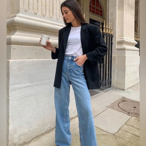 Zara New Wide Leg Jeans Zara Jeans Wide Leg, Jeans Blazer Outfit, Zara Wide Leg Jeans, Business Casual Jeans, Jeans Outfit For Work, Wide Leg Jeans Outfit, Casual Work Outfits Women, Looks Jeans, Blue Jean Outfits