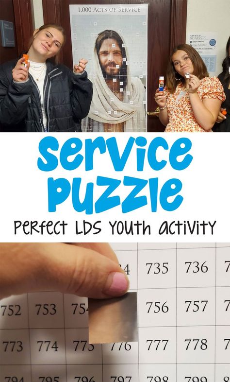 Here's the perfect LDS service project idea or for any Christian church group. This is a 1,000 Acts of Service puzzle that you can hang up and participants can add pieces as they serve. The more they serve, the more pieces they can add. This is an awesome activity for LDS Primary, Relief Society and Youth groups. Check it out! Lds Service Ideas, Stake Yw Activities, Yw Service Activity Ideas, Lds Get To Know You Games, Indexing Activity Lds, Primary Goals Lds, Service Activities For Youth, Lds Rs Activity Ideas, Lds Girls Camp Activities