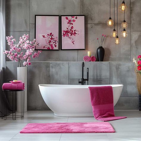 16+ Bathroom Paint Ideas with Pink and Gray to Add Sophistication • 333+ Art Images Pink Grey Bathroom, Pink And Gray Bathroom, Bathroom Paint Ideas, Transitional Bathroom Design, Columns Decor, Pink Ceiling, House Of Gold, Slope House, Tile Cladding