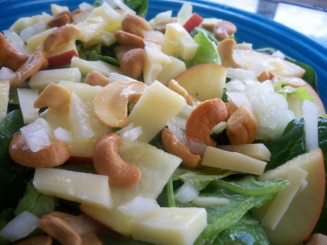 Quick, simple, and easy to prepare. This is a great dish to bring to a potluck or cookout. It vanishes every time! I recommend tossing the dressing and ingredients with the lettuce and spinach right before serving. Cashew Salad, Day Pictures, Veggie Salad, Cheese Salad, Swiss Cheese, Vegetable Sides, Apple Recipes, Perfect Food, Delicious Salads