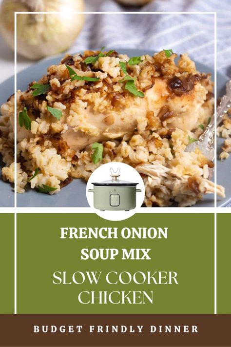 This French onion soup mix chicken in the slow cooker is a simple and tasty dish that's perfect for busy weeknights. All you need is a few basic ingredients and a little bit of time, and you'll have a hearty and satisfying meal that everyone will love! Chicken Lipton Onion Soup Recipe Crockpot, Crockpot Chicken Recipes Onion Soup, Onion Soup Chicken And Rice, Crockpot Onion Soup Mix Chicken, Chicken And French Onion Soup, Lipton Onion Soup Mix Recipes Chicken Crock Pots, Crockpot Chicken With Onion Soup Packet, French Onion Chicken Casserole Crockpot, Crockpot Chicken French Onion Packet