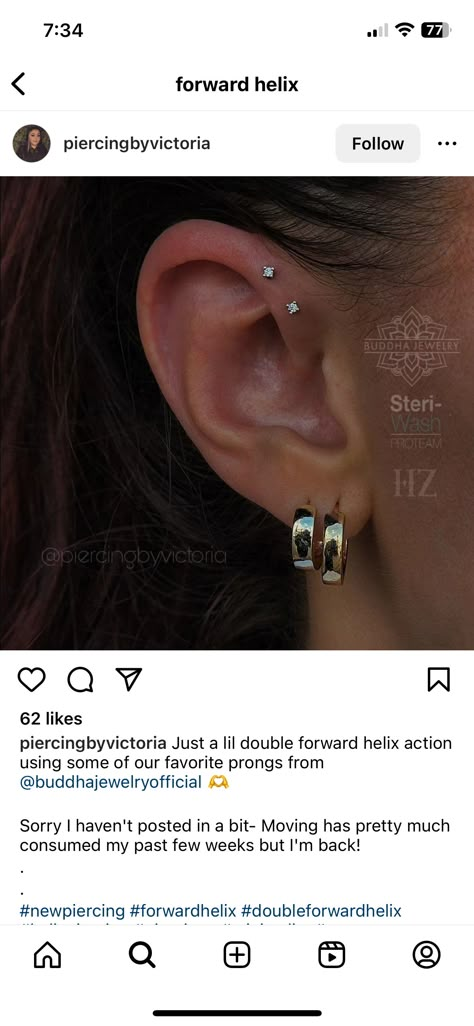 Piercings Forward Helix Ear, Forward Helix And Helix Piercing, Lori Harvey Ear Piercing, Ear Piercings Chart Names, Lori Harvey Piercings, Forward Helix Piercings, Ear Styling, Minimalist Ear Piercings, Ear Piercings Chart