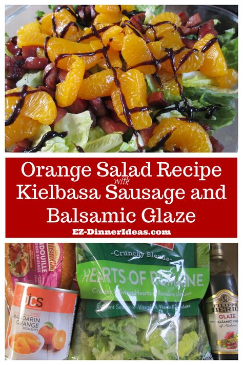 Orange salad recipe with sausage and balsamic glaze is a gorgeous and flavorful dish. Eating with your eyes and enjoying the burst of flavors is divine!!! Sides To Go With Kielbasa, Pasta Salad With Kielbasa, Kielbasa Salad Recipes, Kielbasa Side Dish, German Sausage Salad, Kielbasa With Orange Marmalade, Recipe With Kielbasa, Kielbasa Sausage Recipes, Recipe With Sausage