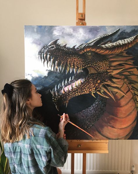 Dragon Painting Ideas, Dragons Painting, Painting Dragon, Creative Oil Painting, Helen Rose, Dragon Painting, Drawing Scenery, Canvas Painting Designs, Landscape Art Painting