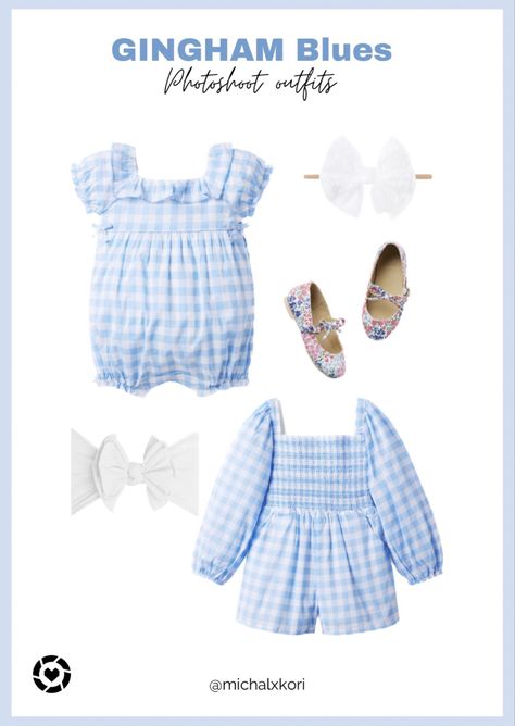 Baby and toddler rompers in baby blue gingham, floral bow flats and white bows. Easter Photoshoot, Smocked Romper, Sisters Photoshoot, Matching Outfit, Dress For Spring, Different Dresses, Easter Outfit, Spring Easter, Photoshoot Outfits