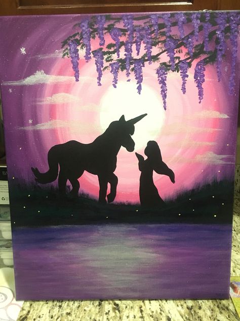 Unicorn Silhouette Painting, Unicorn Painting Canvas Easy, Easy Unicorn Painting, Easy Fairy Painting, Unicorn Painting Canvas, Unicorn Painting, Beauty Drawings, Fairy Paintings, Unicorn Wall Art