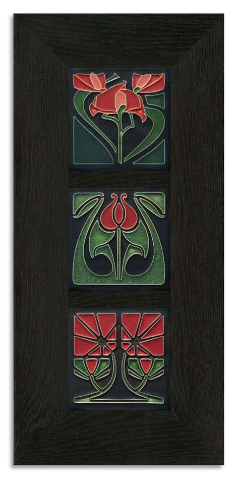 If you love our Dard Hunter florals individually, you'll love them even more as a framed set! This framed tile set includes: One 4x8 Checkerpot Rose - Stone One 4x8 Dard Hunter Poppy - Stone One 4x8 Bell Flower - Stone One triple frame in Oak or Ebony, 11-1/2" x 16-1/4". Fleurs Art Nouveau, 3d Tiskárna, Craftsman Tile, Nouveau Illustration, Motifs Art Nouveau, Framed Tile, Art Deco Tiles, Motif Art Deco, Art Nouveau Illustration