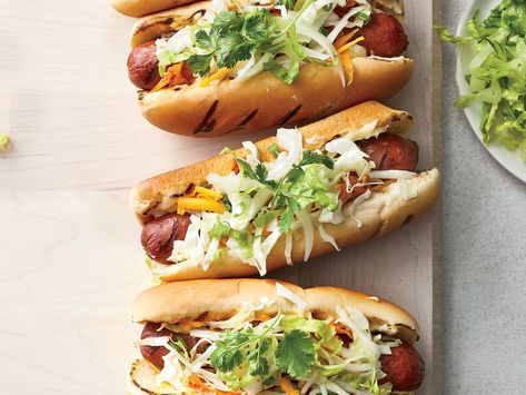 Kogi Dogs Recipe  - Roy Choi | Food & Wine Roy Choi, Romaine Salad, Hot Dog Recipes, Burger Bar, Best Food Ever, Dog Recipes, Wrap Sandwiches, Short Ribs, Rowing