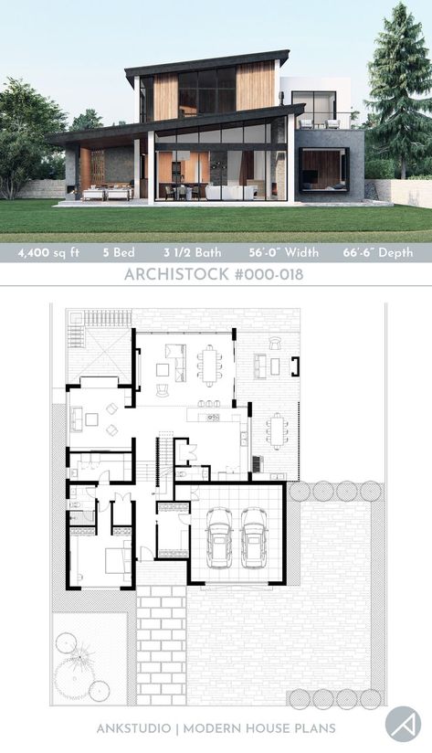 5-bedroom modern contemporary house plan with mid-century modern vibes. HOUSE SPECIFICATIONS: 🏡 4,400 sf, 2 stories 📏 56’-0” Width x 66’-6” Depth 🛏 5 Bedrooms 🛁 3 1/2 Baths⁠ 🚗 2-Car Garage The house has open plan living spaces and a covered outdoor living and BBQ area in the side yard. Please visit our website for more info about our House Plan packages. Thanks! #moderncontemporaryhomes #midcenturymodern #houseplans #homedesign #openplan #homeplan Contemporary House Floor Plans, Modern Contemporary House Plans, Mid Century Modern House Plans, Modern House Floor Plans, Two Story House Plans, Modern Contemporary Homes, Two Story House, Home Design Floor Plans, Sims House Plans