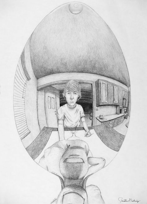 #2 observtn SelfPortrait.looking at spoon Nid Portfolio Ideas, Mirror Perspective Drawing, Reflection Drawing Reference, Looking Through Art Gcse, How To Draw A Reflection In A Mirror, Reflection In The Mirror Drawing, Spoon Reflection Drawing, Unusual Perspective Art, Mirror Reflection Illustration