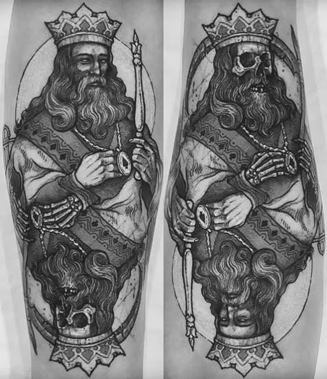 King On Throne Tattoo, King Card Tattoo, Playing Cards Tattoo, Guy Tattoos, Playing Card Tattoos, Black And Grey Tattoos For Men, King Tattoo, King Tattoos, Mythology Tattoos