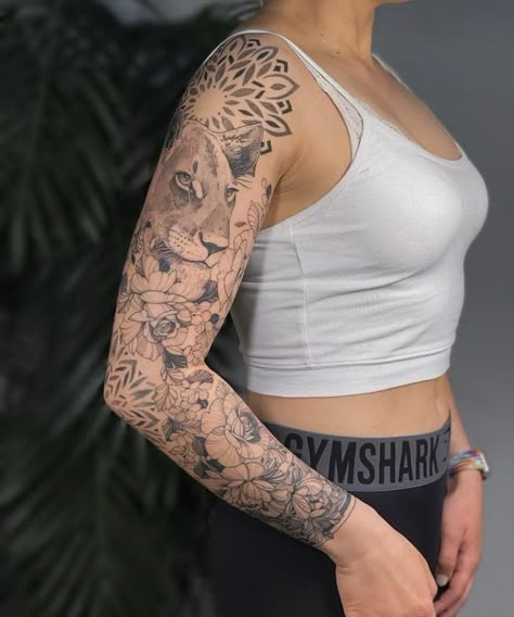 Double Arm Sleeve Tattoo, Women Full Arm Tattoo, Boho Sleeve Tattoos For Women, Woman Arm Sleeve, Sleeve Tattoo Styles, Black And White Sleeve Tattoo Women, Womans Sleeve Tattoo Ideas, Women Arm Sleeve Tattoo, Whole Sleeve Tattoos For Women