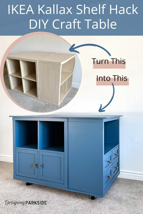 Ikea Craft Island, Martha Stewart Craft Room Furniture, Sewing Table Hacks Diy, Craft Table Out Of Storage Cubes, Ikea Kallax Island Hack, Kallax Hack Laundry Room, Small Craft Table Ideas, Cube Shelf Craft Table, Diy Craft Island With Storage