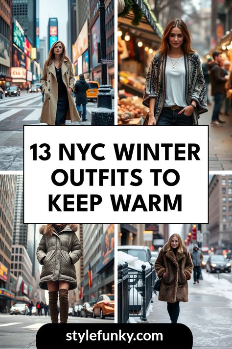 Looking for the perfect NYC winter outfits to stay both chic and cozy? These 13 stylish ensembles feature cozy layers and trendy pieces to keep you comfortable while exploring the city's winter scenery. From a stylish trench coat paired with a fitted dress and heeled ankle boots to a fashionable oversized puffer jacket with knee-high boots, discover how to mix and match for warm and stylish winter looks. Don't let the cold weather stifle your fashion sense this winter in New York City with these essential outfit ideas! Womens New York Winter Outfits, Nyc Cold Weather Outfits Winter Fashion, New York City Outfits Winter Puffer Jacket, Nyc Cold Weather Outfits Street Styles, Cute Nyc Outfits Winter, New York Street Fashion Winter, New York Winter Night Outfit, Cold Weather New York Outfits, Walking Around Nyc Outfit Winter