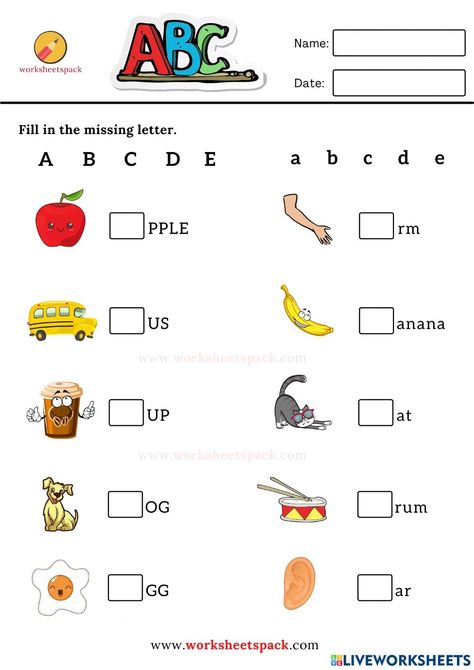 The alphabet online worksheet for Kindergarten. You can do the exercises online or download the worksheet as pdf. Kg1 Worksheets English Alphabet, English Abc Worksheet, Grade 1 Alphabet Worksheets, Abc For Kindergarten, U Kg English Worksheet, Activities On Alphabets For Preschoolers, Missing Alphabet Worksheets Kindergarten, Alphabet Activity For Toddlers, Kg 2 Worksheets